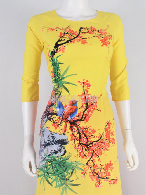 Áo Dài Lụa Giản Vàng In Hoa | Yellow Ao Dai Vietnamese