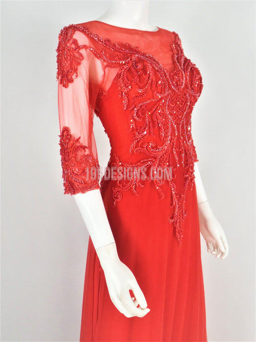 Red Ao Dai Crystal Vietnamese Long Dress / Áo Dài Đỏ Đính Đá Cườm