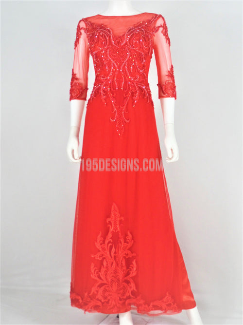 Red Ao Dai Crystal Vietnamese Long Dress / Áo Dài Đỏ Đính Đá Cườm