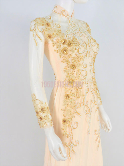 Ao Dai Crystal Vietnamese Long Dress / Áo Dài Màu Kem Đính Đá Cườm