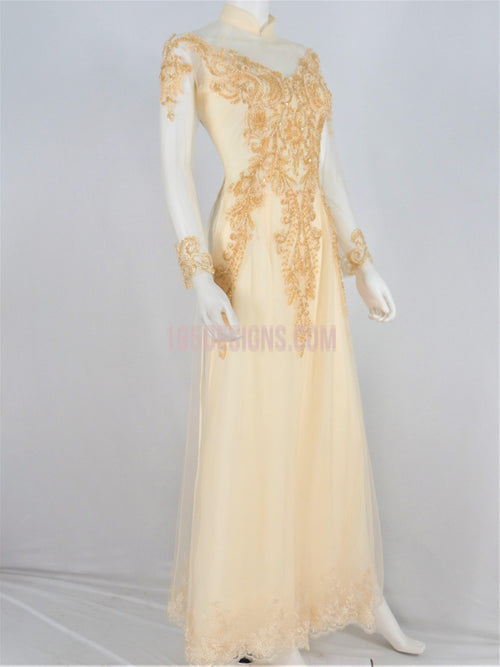Ao Dai Crystal Vietnamese Long Dress / Áo Dài Màu Kem Đính Đá Cườm