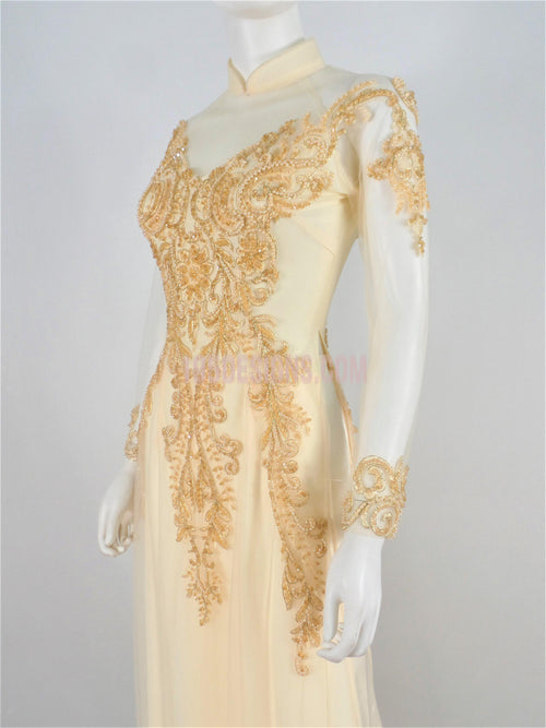 Ao Dai Crystal Vietnamese Long Dress / Áo Dài Màu Kem Đính Đá Cườm