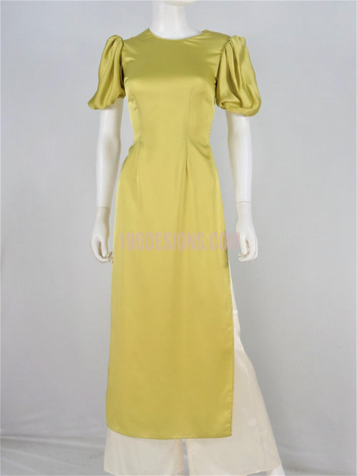 Áo Dài Lụa Màu Bơ Kết Hoa Tay Phồng | Ao Dai Vietnamese