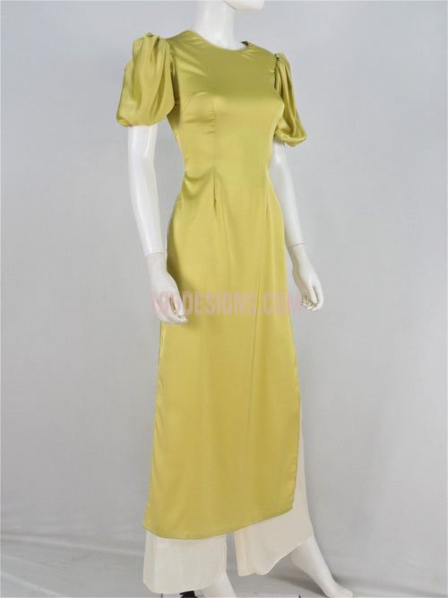 Áo Dài Lụa Màu Bơ Kết Hoa Tay Phồng | Ao Dai Vietnamese