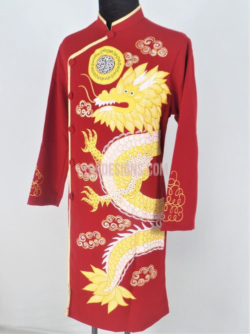 Red Ao Dai Men -  Áo Dài Đỏ Nam Vẽ Rồng Vải Co Giản Nhẹ