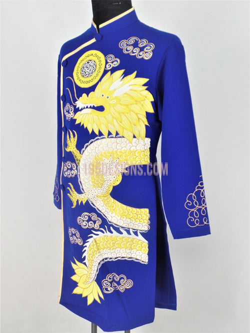 Blue Ao Dai Men -  Áo Dài Xanh Nam Vẽ Rồng Vải Co Giản Nhẹ