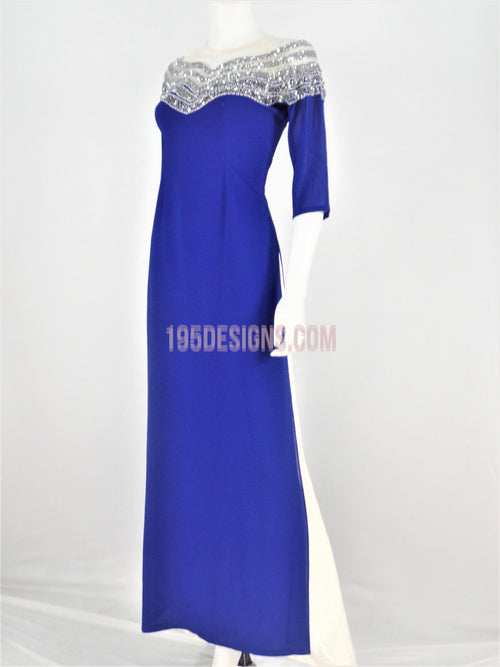 ÁO Dài Xanh Kết  Pha Lê|  Blue Ao Dài  Crystal
