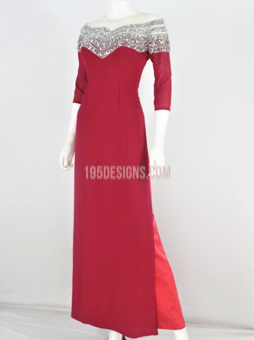 ÁO Dài Đỏ Kết  Pha Lê|  Red Ao Dài  Crystal