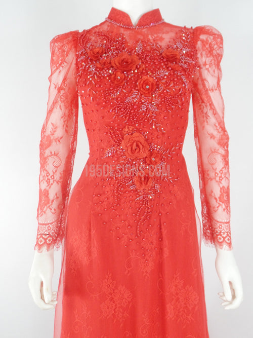 Red Ao Dai Crystal Vietnamese Long Dress / Áo Dài Ren Đỏ Tay Phồng Kết Hoa 3D
