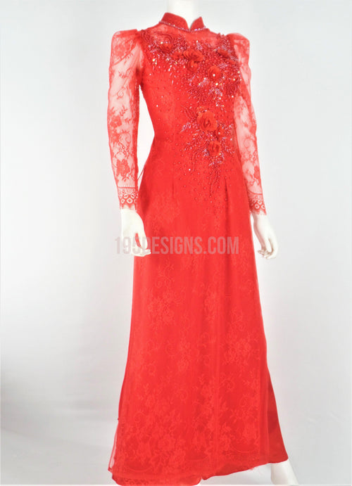 Red Ao Dai Crystal Vietnamese Long Dress / Áo Dài Ren Đỏ Tay Phồng Kết Hoa 3D