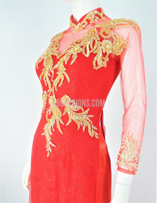 Red Ao Dai Crystal Vietnamese Long Dress / Áo Dài Đỏ Đính Đá Cườm