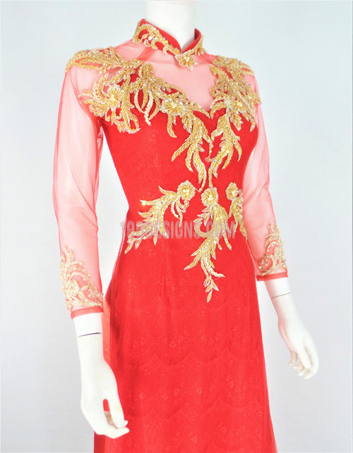 Red Ao Dai Crystal Vietnamese Long Dress / Áo Dài Đỏ Đính Đá Cườm