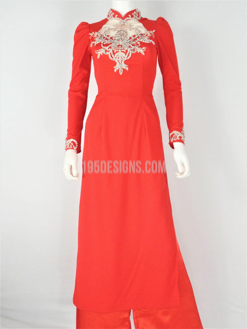 Red Ao Dai Vietnamese Long Dress / Áo Dài Lụa Đỏ Tay Phồng