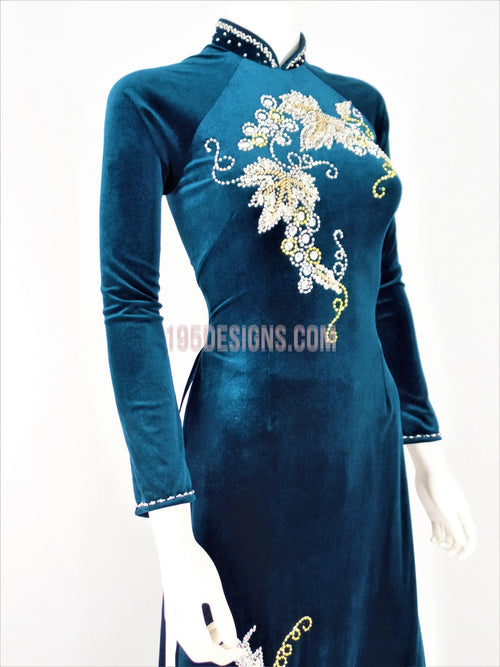 Áo Dài Nhung Xanh Cổ Vịt Kết Hoa Lá | Green Vietnamese Ao Dai (A)