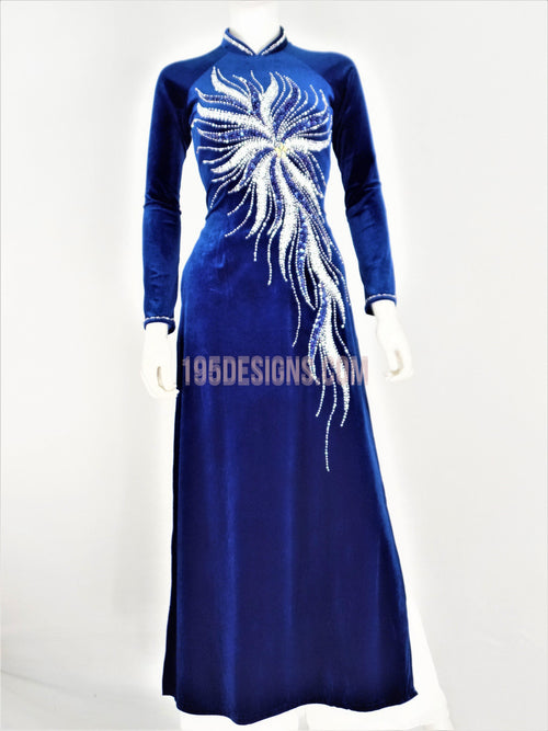 Áo Dài Nhung Xanh Đính Đá | Blue Vietnamese Ao Dai (A)