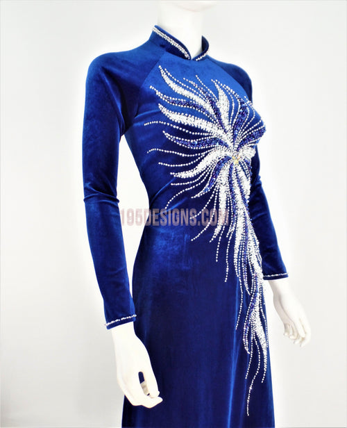 Áo Dài Nhung Xanh Đính Đá | Blue Vietnamese Ao Dai (A)