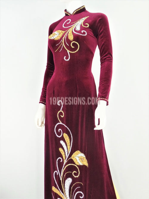 Áo Dài Nhung Đỏ Kết Đá | Red Vietnamese Ao Dai (A)
