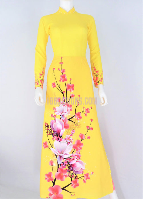 Áo Dài Lụa Giản Vàng In Hoa Đào | Yellow Ao Dai Vietnamese