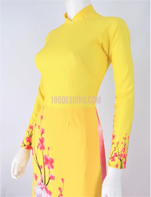 Áo Dài Lụa Giản Vàng In Hoa Đào | Yellow Ao Dai Vietnamese
