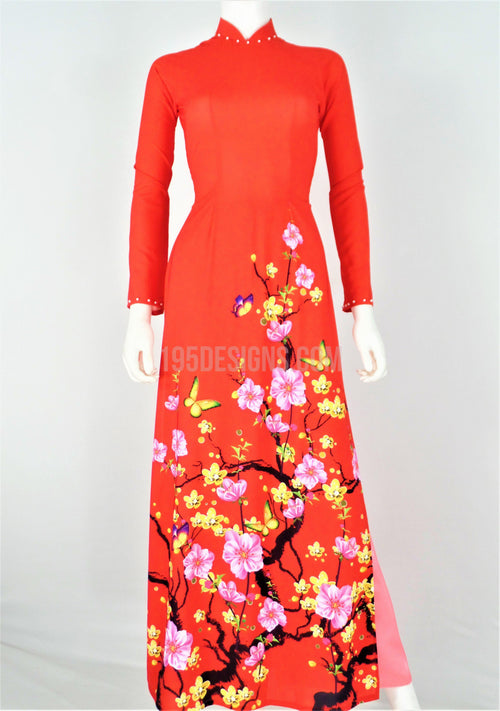 Áo Dài Lụa Giản Đỏ In Hoa  | Red Ao Dai Vietnamese(A)