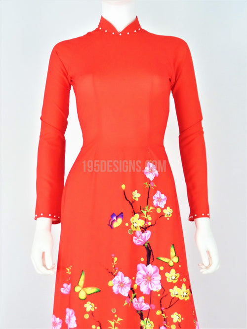 Áo Dài Lụa Giản Đỏ In Hoa  | Red Ao Dai Vietnamese(A)