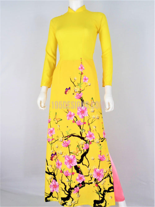 Áo Dài Lụa Giản Vàng In Hoa Xuân | Yellow Ao Dai Vietnamese(A)