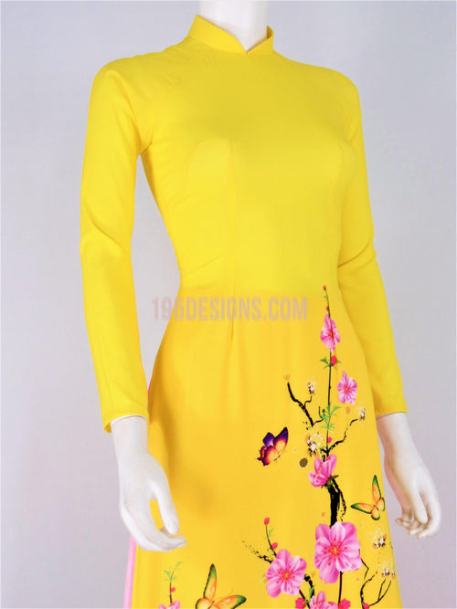 Áo Dài Lụa Giản Vàng In Hoa Xuân | Yellow Ao Dai Vietnamese(A)