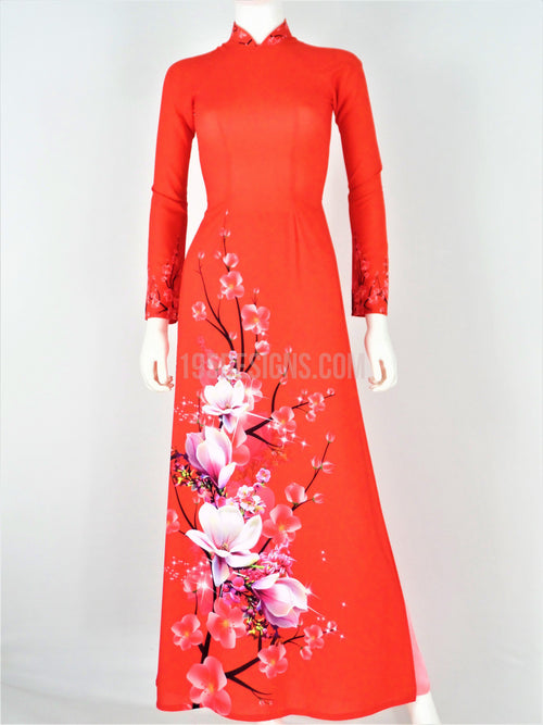 Áo Dài Lụa Giản Đỏ In Hoa Xuân  | Red Ao Dai Vietnamese(A)