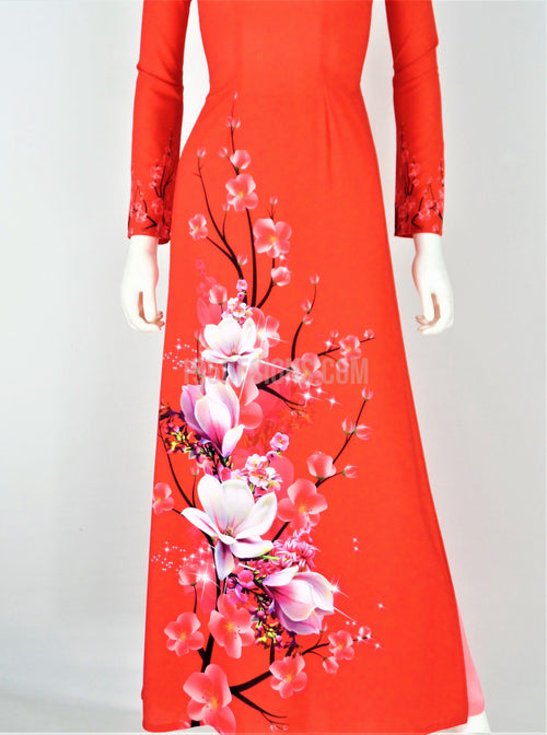 Áo Dài Lụa Giản Đỏ In Hoa Xuân  | Red Ao Dai Vietnamese(A)
