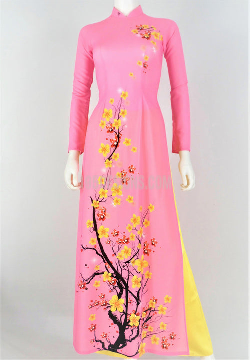 Áo Dài Lụa Giản Hồng In Hoa Mai  | Hot Pink Ao Dai Vietnamese