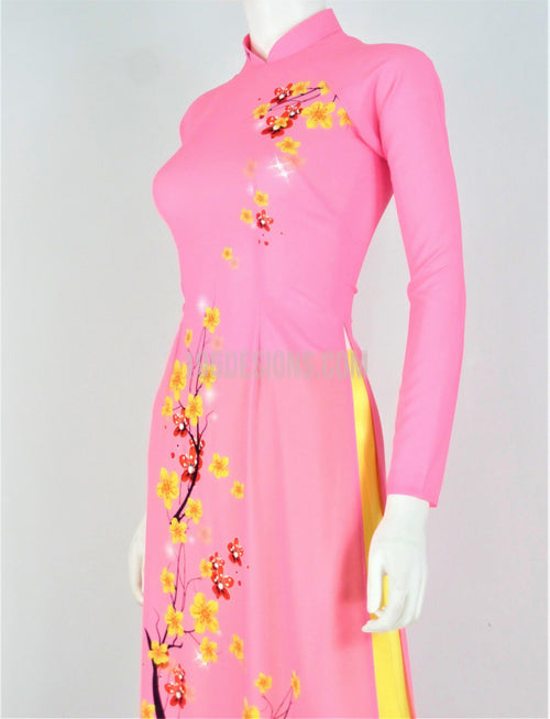 Áo Dài Lụa Giản Hồng In Hoa Mai  | Hot Pink Ao Dai Vietnamese