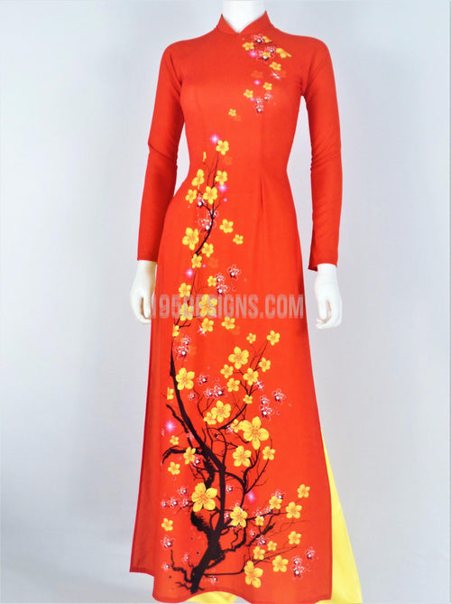 Áo Dài Lụa Giản Đỏ In Hoa Mai  | Red Ao Dai Vietnamese