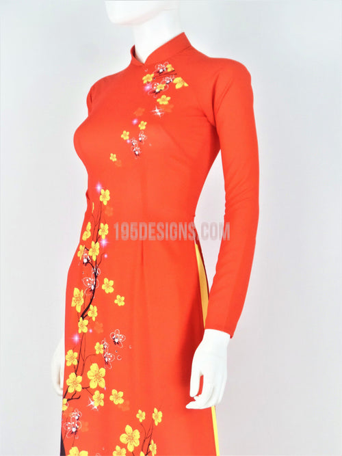 Áo Dài Lụa Giản Đỏ In Hoa Mai  | Red Ao Dai Vietnamese