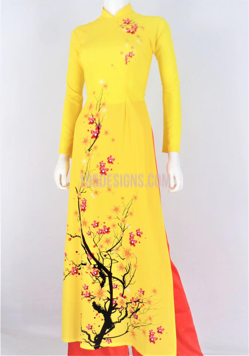 Áo Dài Lụa Giản Vàng In Mai Đào | Yellow Ao Dai Vietnamese(A)