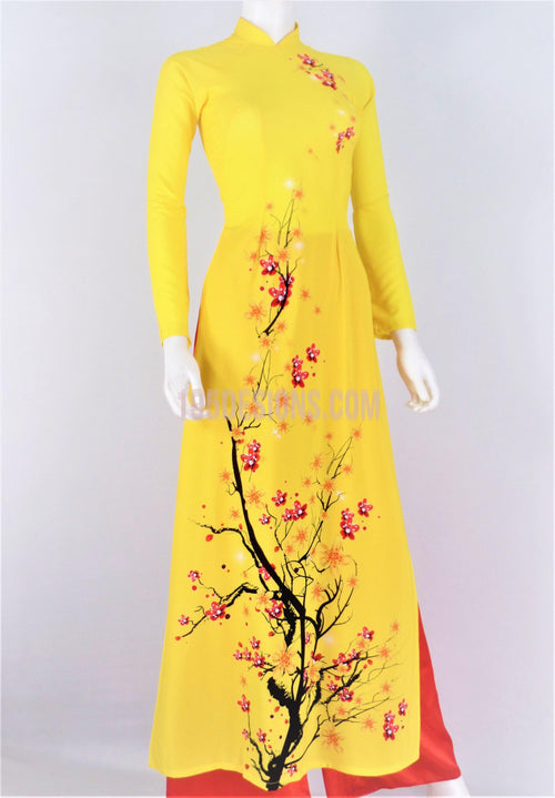 Áo Dài Lụa Giản Vàng In Mai Đào | Yellow Ao Dai Vietnamese(A)