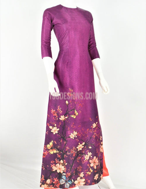 Áo Dài Tím Gấm Vân Gỗ   | Purple Ao Dai Vietnamese