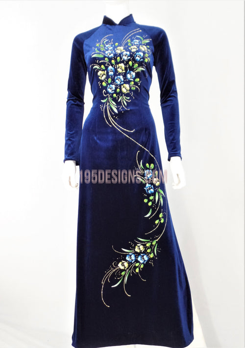 Áo Dài Nhung Xanh Đen Vẽ Hoa KIm Tuyến - Vietnamese Ao Dai
