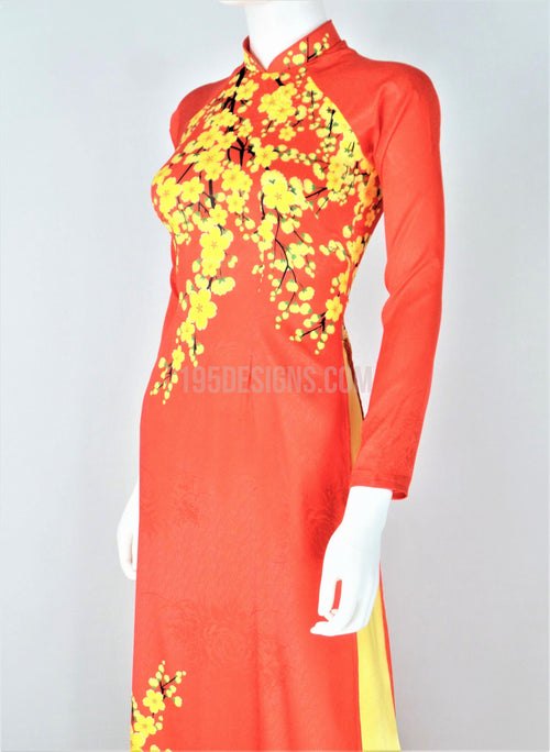 Áo Dài Gấm Giản Đỏ In Hoa Mai Vàng | Red Ao Dai Vietnamese