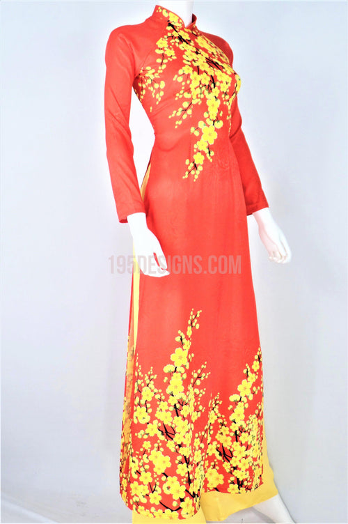 Áo Dài Gấm Giản Đỏ In Hoa Mai Vàng | Red Ao Dai Vietnamese