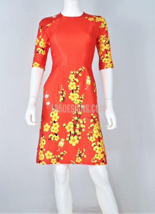Red Ao Dai Modern Lunar New Year | Áo Dài Đỏ Cách Tân Gấm Giản Tết