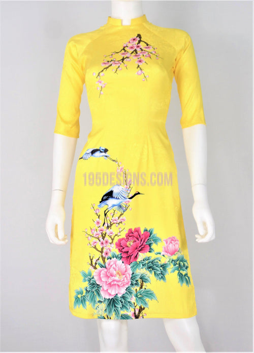 Yellow Modern Lunar New Year | Áo Dài Gấm Giản Vàng Cách Tân Tết