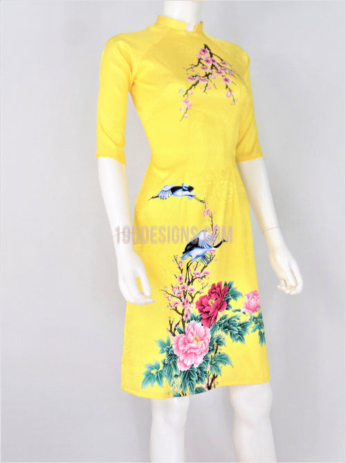 Yellow Modern Lunar New Year | Áo Dài Gấm Giản Vàng Cách Tân Tết