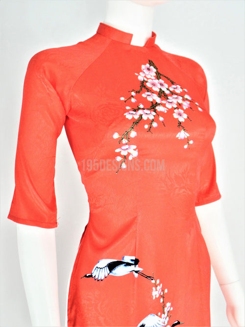 Áo Dài Đỏ Cách Tân Gấm Giản