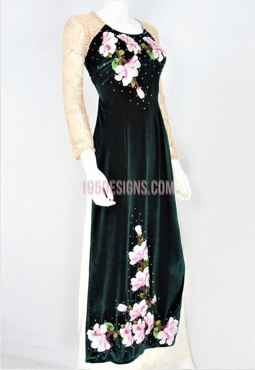 Áo Dài Nhung Xanh Kết Cườm Cổ Tròn - Vietnamese Ao Dai