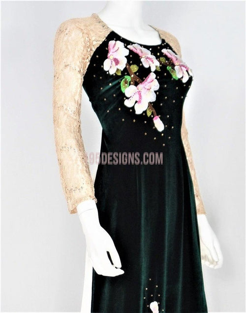 Áo Dài Nhung Xanh Kết Cườm Cổ Tròn - Vietnamese Ao Dai
