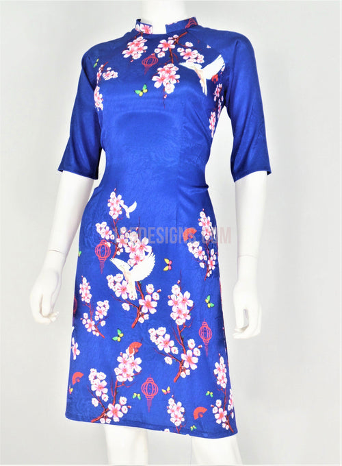 Áo Dài Cách Tân Gấm Giản Xanh  I Blue Brocade Vietnamese Ao Dai