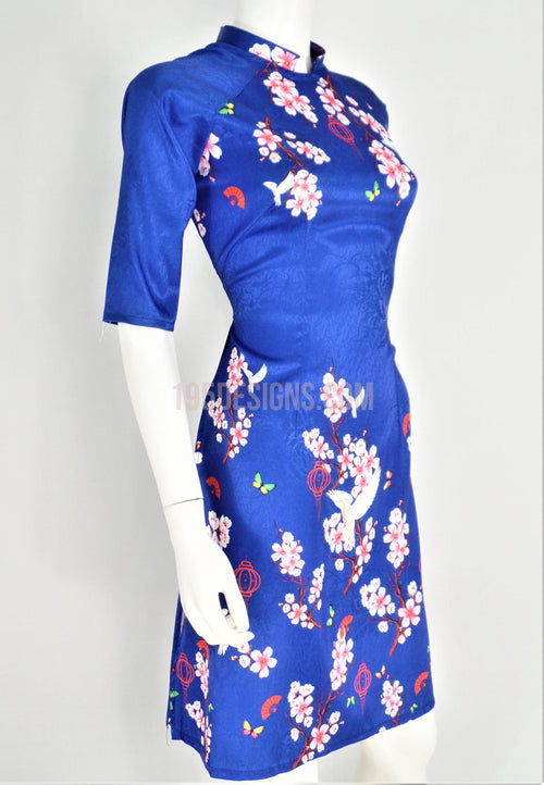Áo Dài Cách Tân Gấm Giản Xanh  I Blue Brocade Vietnamese Ao Dai