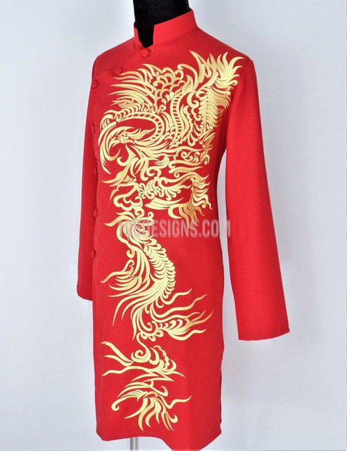 Red Ao Dai Men -  Áo Dài Đỏ Nam Thêu Rồng Vải Co Giản Nhẹ