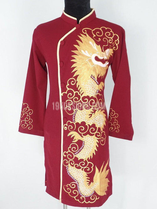 Red Ao Dai Men -  Áo Dài Đỏ Nam Vẽ Rồng Vải Co Giản Nhẹ
