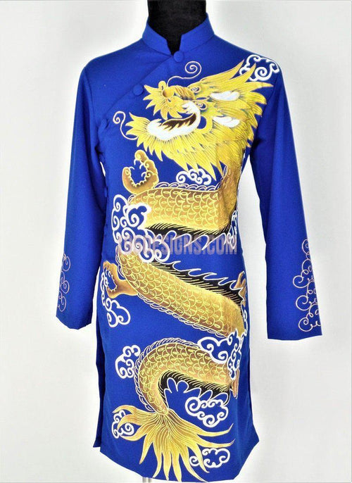 Blue Ao Dai Men -  Áo Dài Xanh Nam Vẽ Rồng Vải Co Giản Nhẹ